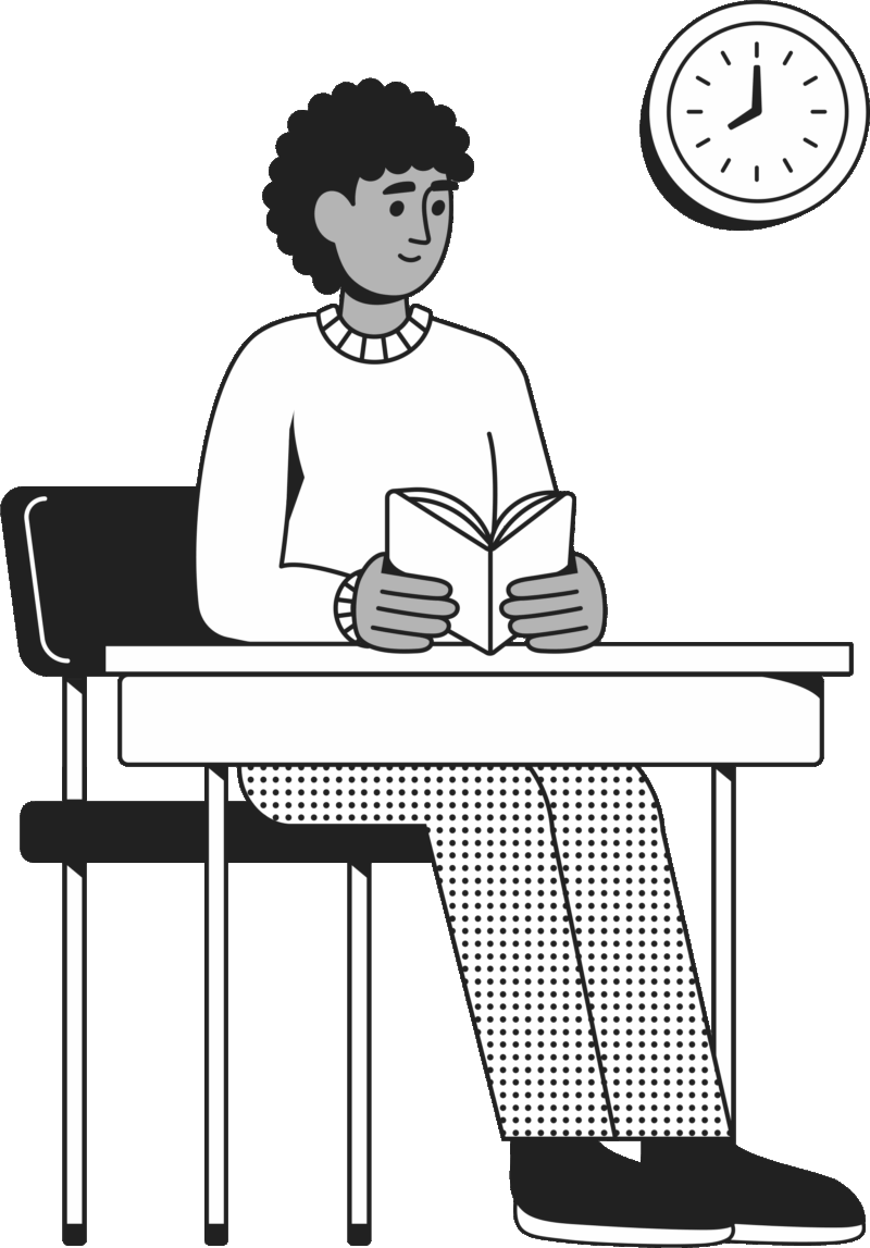 Piirroskuva, jossa henkilö istuu pienen pöydän ääressä ja lukee opaskirjaa.