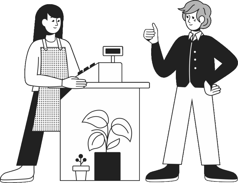 En tecknad bild där chefen visar tummen upp till en butikskassa.