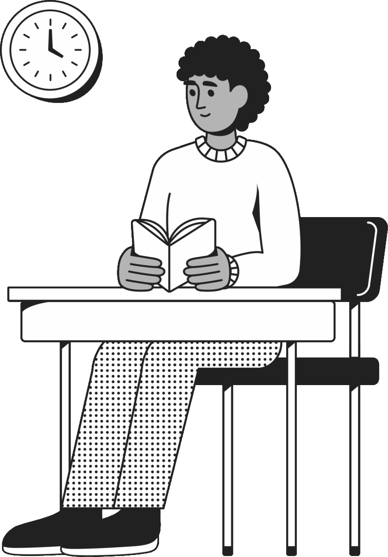 En tecknad bild där en en person som sitter vid ett litet bord och läser en instruktionsbok.