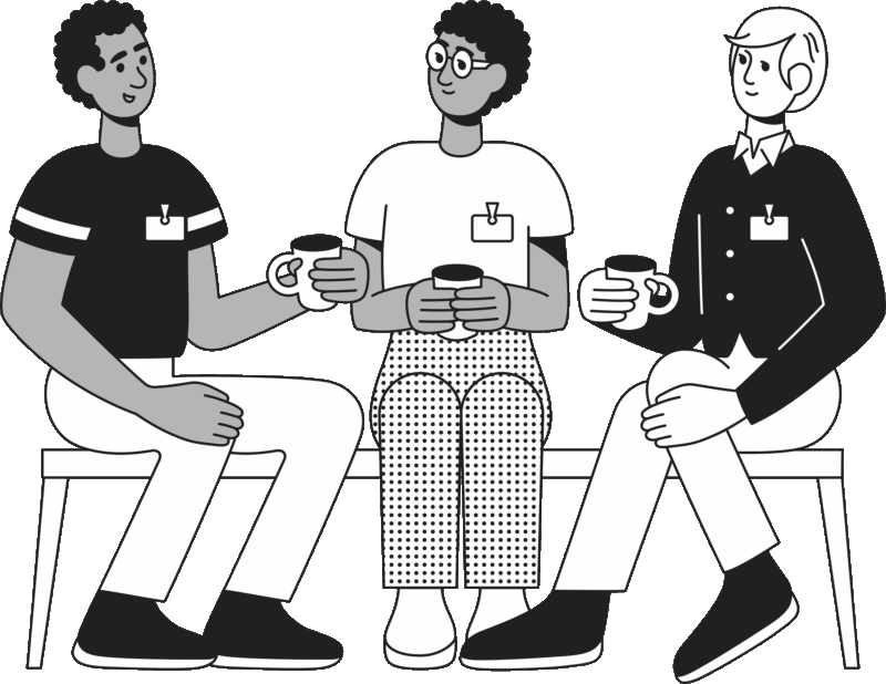 Piirroskuva kolmesta vierekkäin istuvasta työntekijästä, jotka juttelevat ja joilla on kahvikupit kädessä.