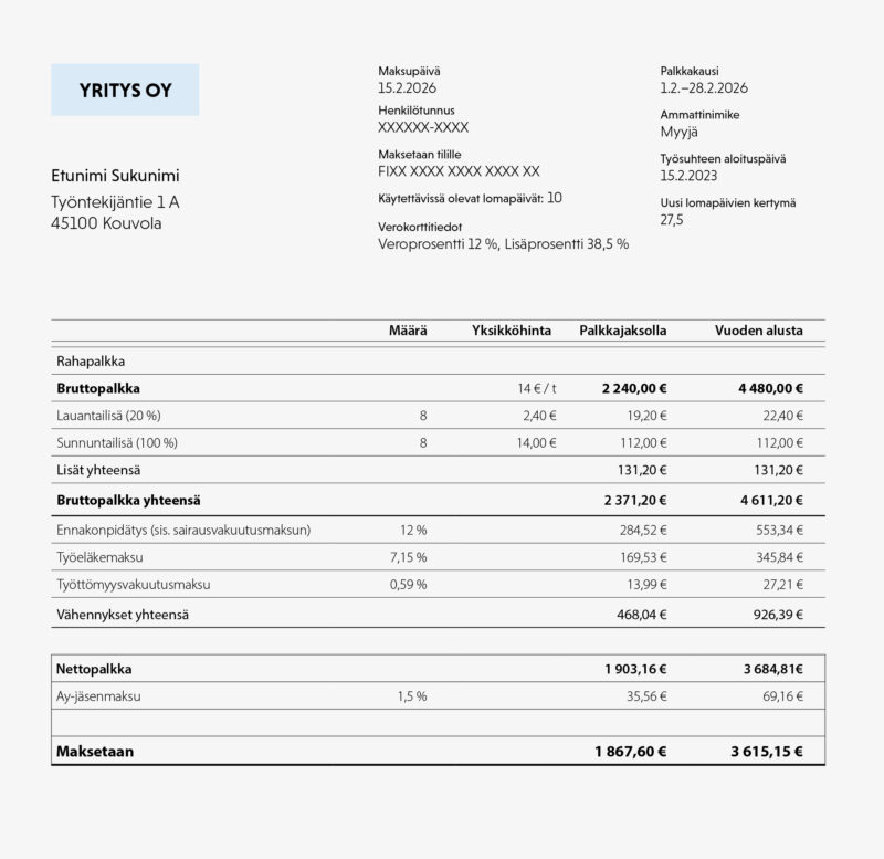 Esimerkki palkkalaskelmasta, jossa ylälaidassa muun muassa yrityksen nimi ja työntekijän yhteystiedot ja niiden alapuolella erittely bruttopalkasta ja siitä tehdyistä vähennyksistä sekä tilille maksettava rahasumma.