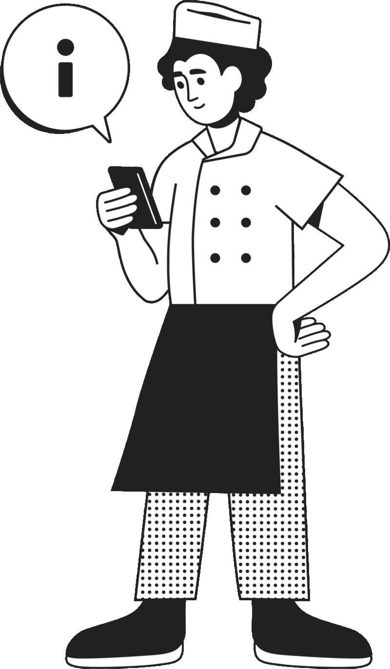 Joonistus köögitöötajast, kes sirvib mobiiltelefoni.