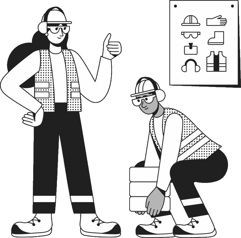 Piirroskuva, jossa esihenkilö opastaa rakennustyöntekijälle oikean painavien esineiden nostotekniikan.