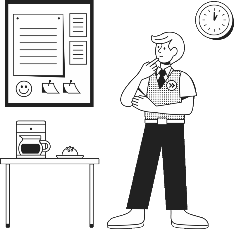 Piirroskuva, jossa linja-autonkuljettaja tutkii taukohuoneen ilmoitustaulua.