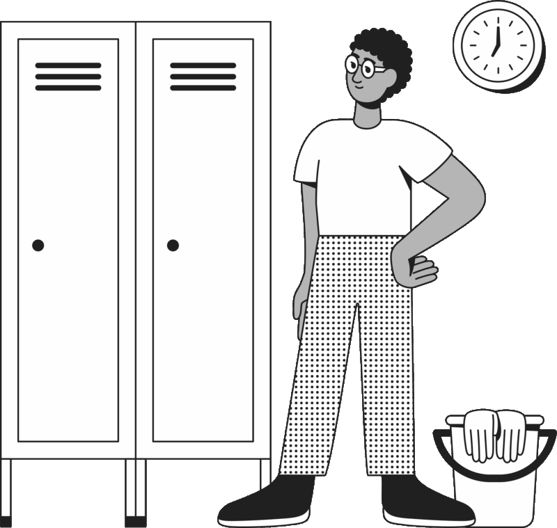 Piirroskuva, jossa siivooja seisoo vaatekaappien vieressä ja lattialla on siivousämpäri.