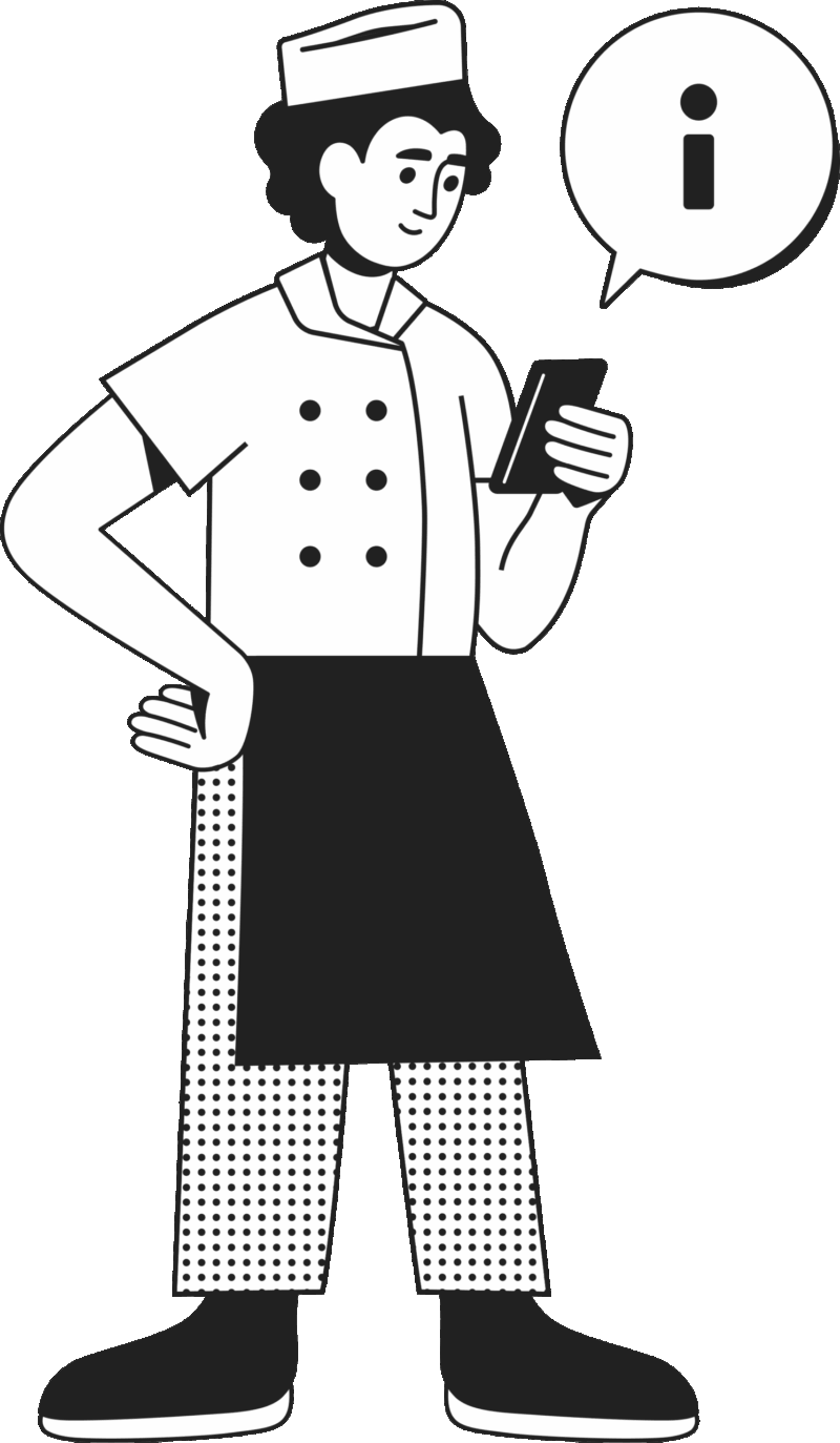 En tecknad bild där en köksarbetare bläddrar i mobilen.