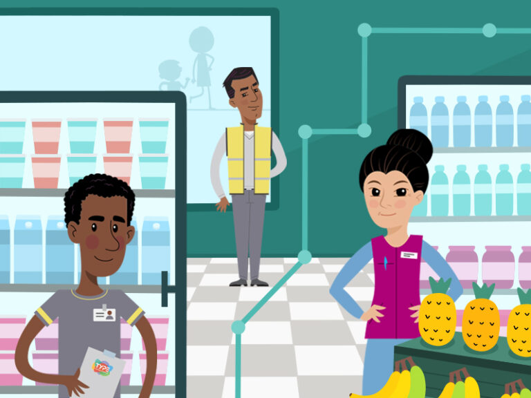 Kuva pelin tilanteesta, jossa kolme ihmistä keskustelevat.