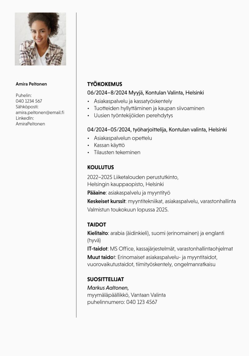 A4-kokoinen CV, jossa hakijan kasvokuva ja yhteystiedot yläkulmassa ja CV-teksti sen vieressä.