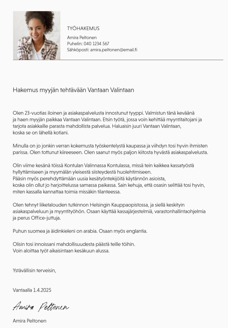 A4-kokoinen hakemus, jossa hakijan kasvokuva ja yhteystiedot yläkulmassa ja hakemusteksti sen alla.